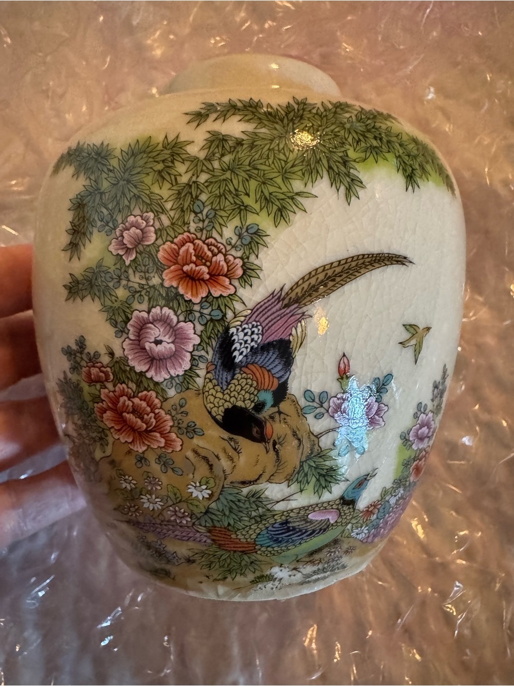 Hand-Painted Floral Bird Ceramic Vase - Cream and Multicolor